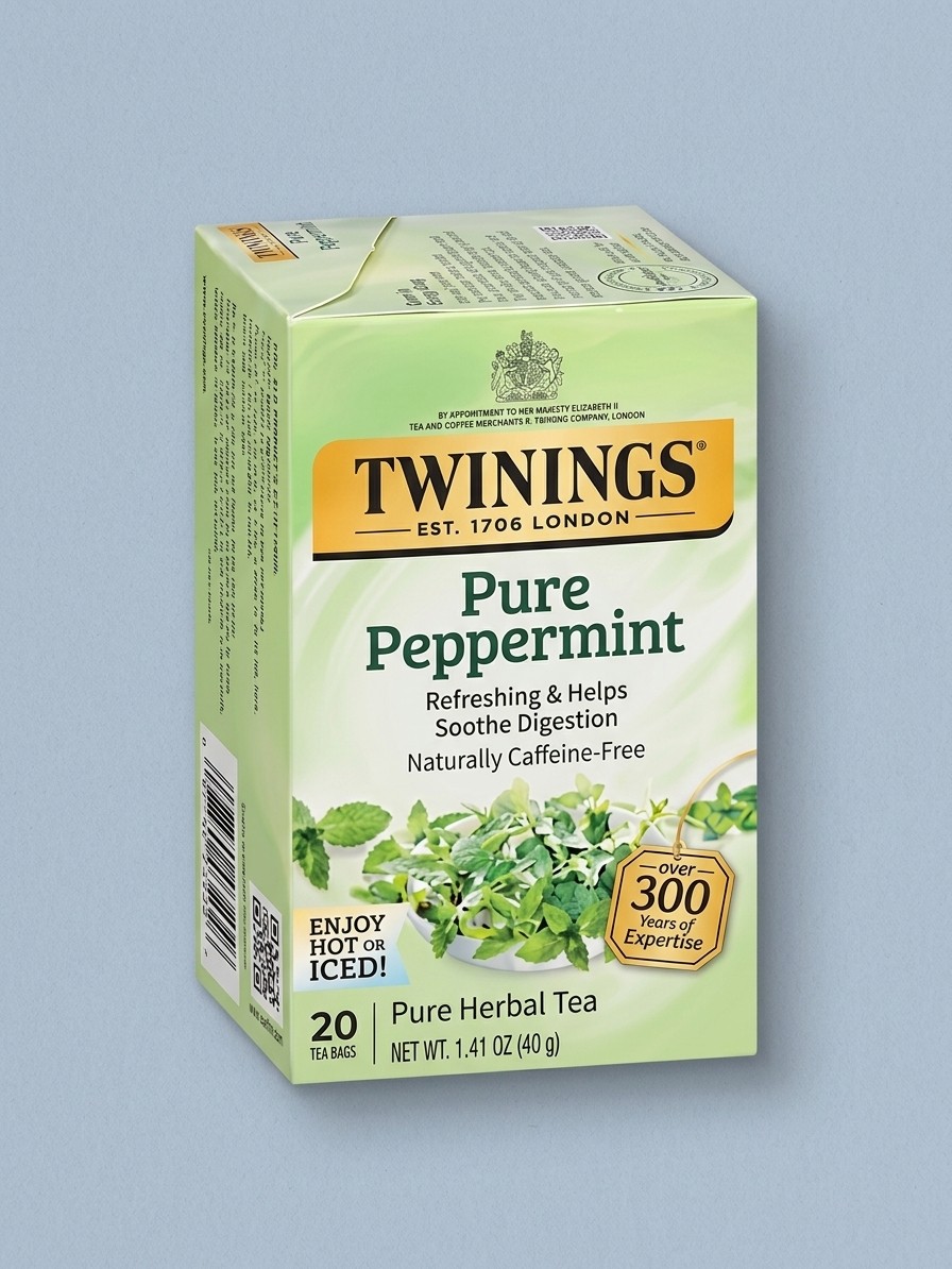 קופסת תה של Twinings Pure Peppermint על רקע כחול בעריכת Gemini