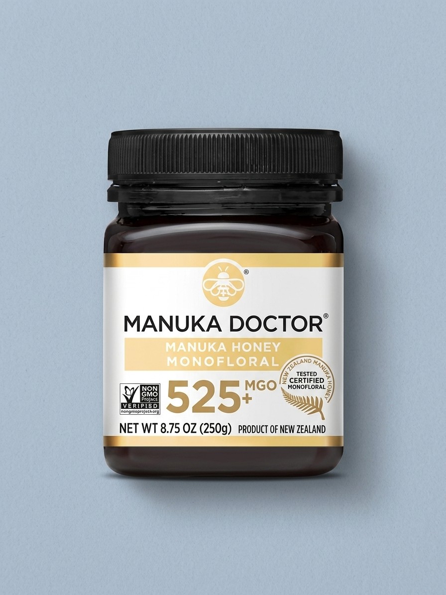 צנצנת של דבש Manuka Doctor Manuka על רקע כחול בעריכת מזל תאומים