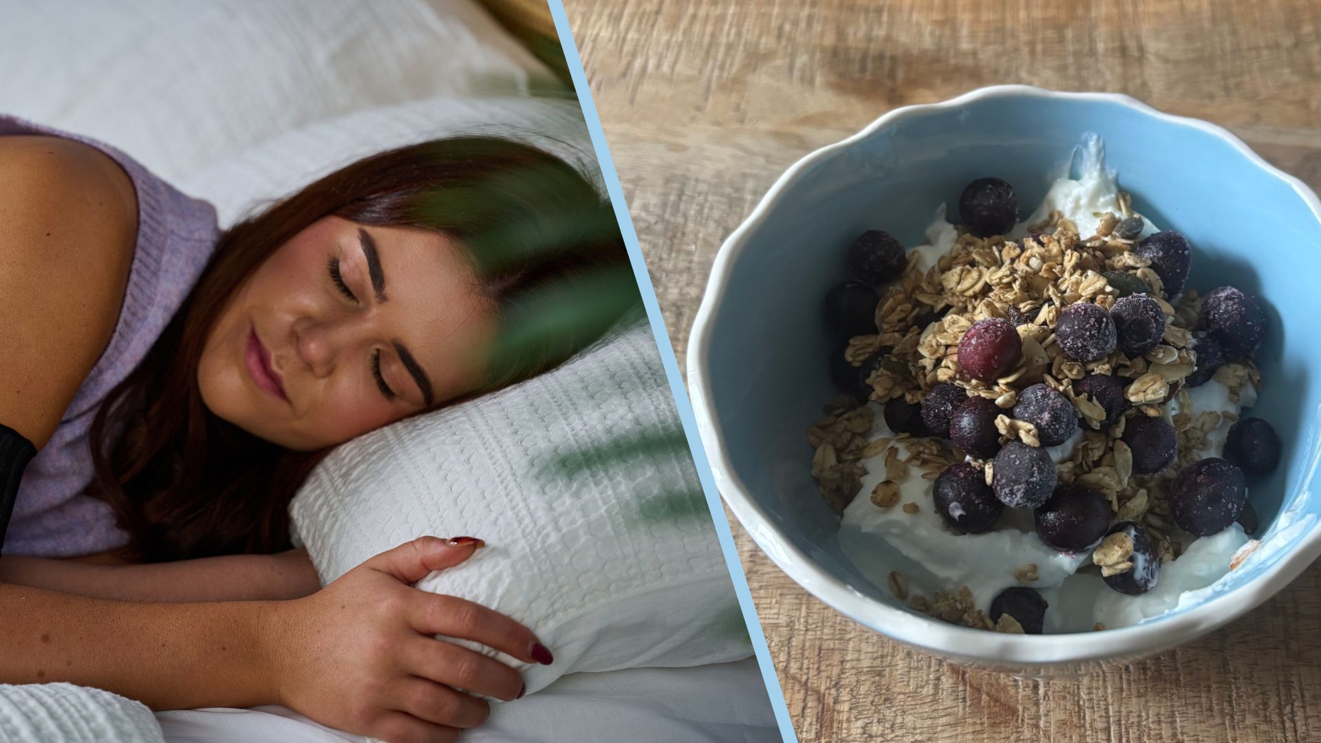 A split screen of an image of a sleeping woman and a bowl of yogurt and berries.