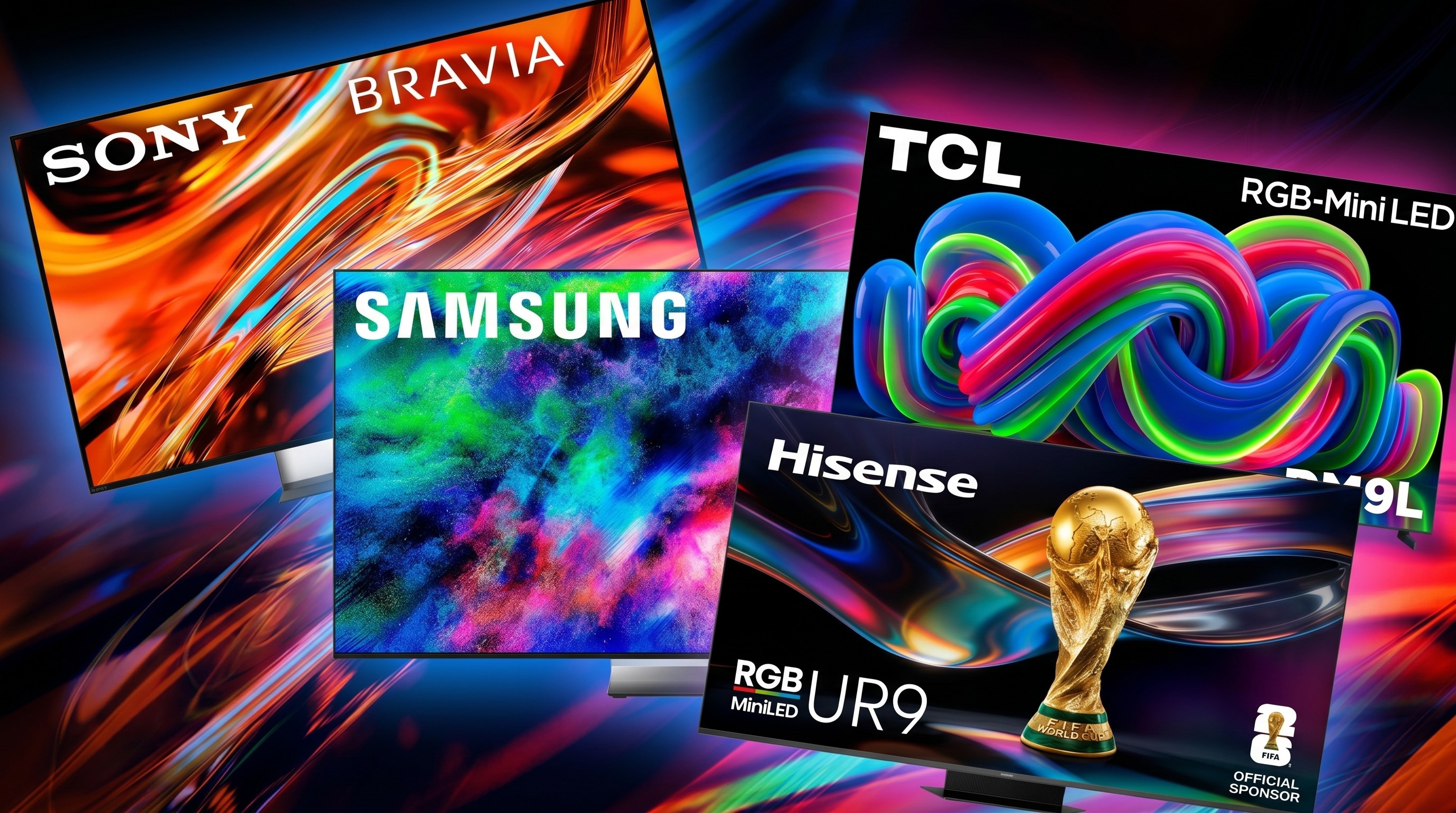 מבחר טלוויזיות Hisense, Sony, TCL, Samsung על רקע צבעוני.
