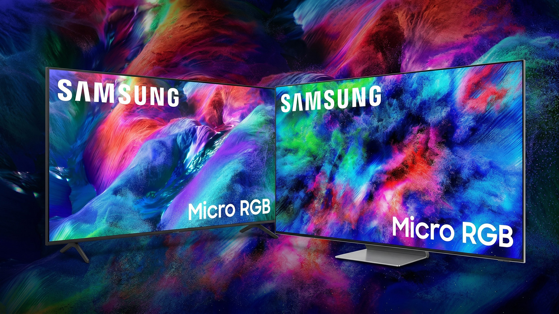 שתי טלוויזיות Samsung Micro RGB על רקע צבעוני.