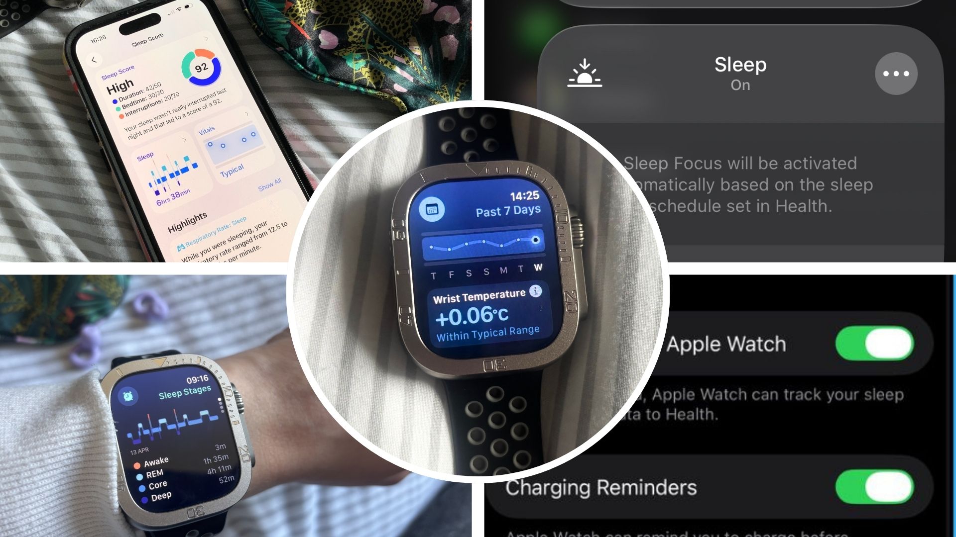 קולאז' של תמונות המציגות את הגדרות Apple Watch המשמשות למעקב אחר שינה בצורה מדויקת. 