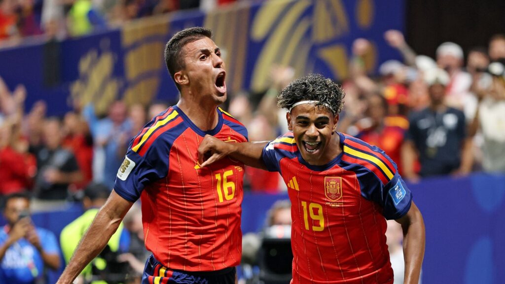 Lamine Yamof Spain celebrates with teammate Rodri after scoring his team's first goal during the FIFA World Cup 2026 Group H match between Spain and Saudi Arabia.