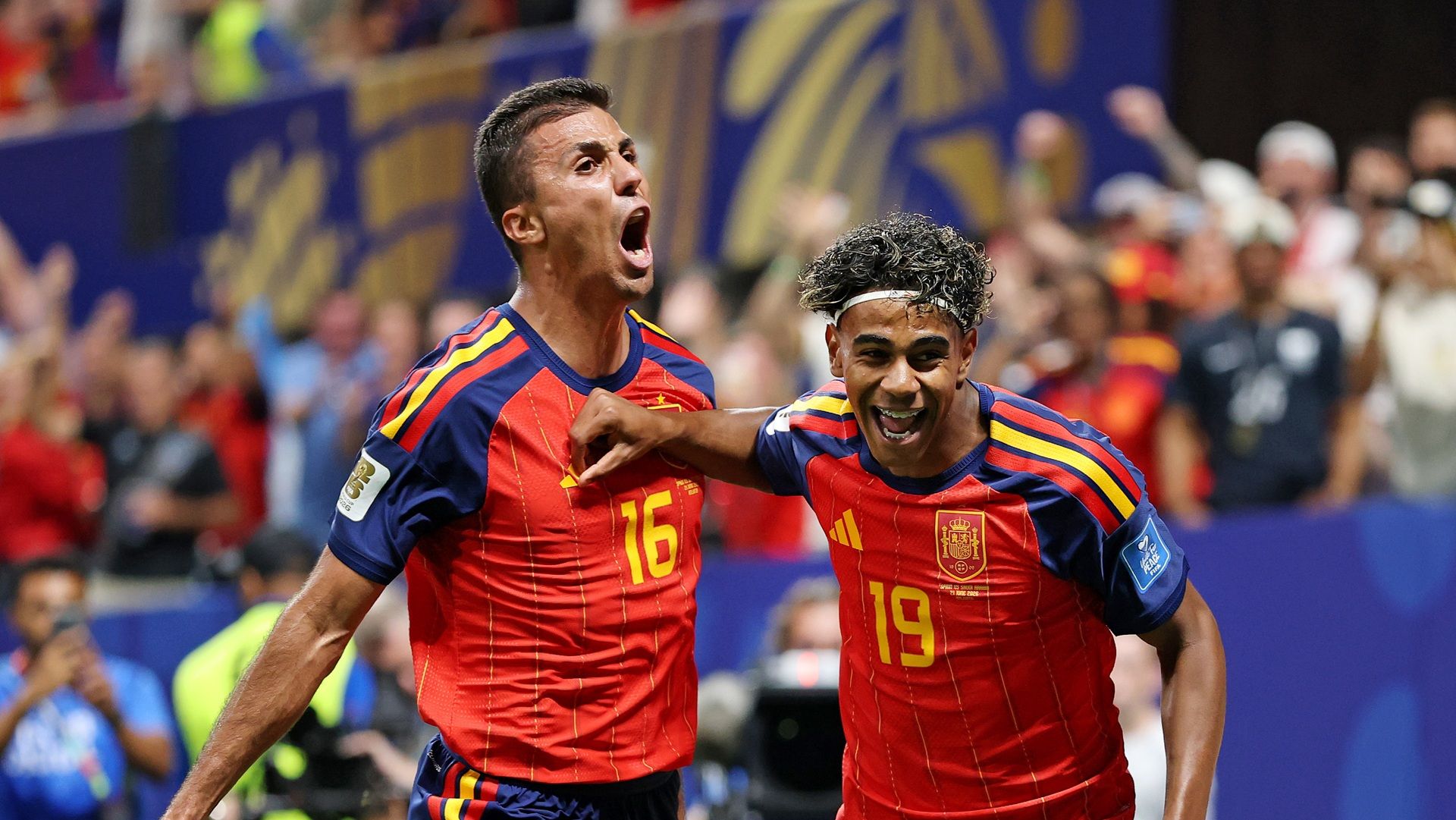 Lamine Yamof Spain celebrates with teammate Rodri after scoring his team's first goal during the FIFA World Cup 2026 Group H match between Spain and Saudi Arabia.