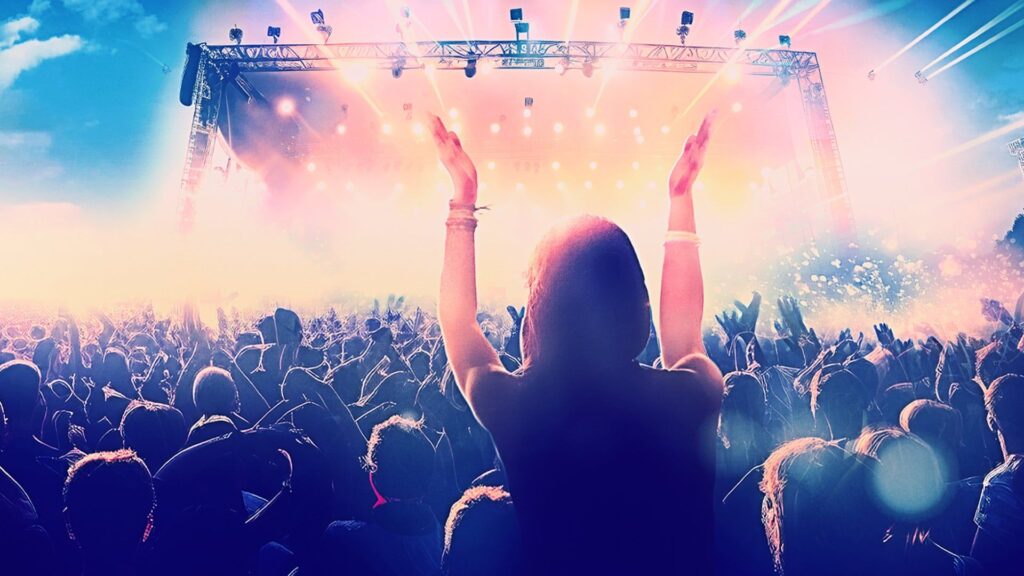 Promotional image of crowd of music fans cheering for "Isle of Wight Festival 2026"