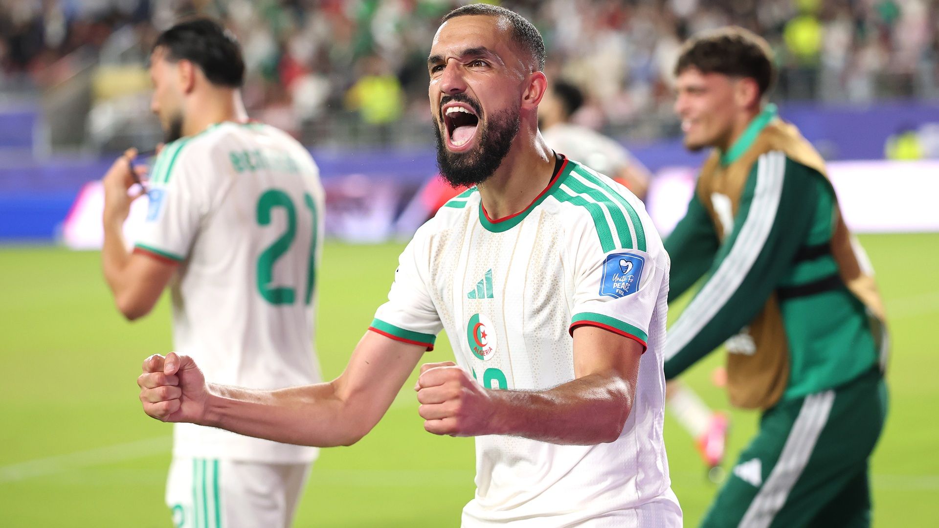 Nabil Bentaleb of Algeria celebrates after the team's second during the FIFA World Cup 2026 Group J match between Jordan and Algeria.