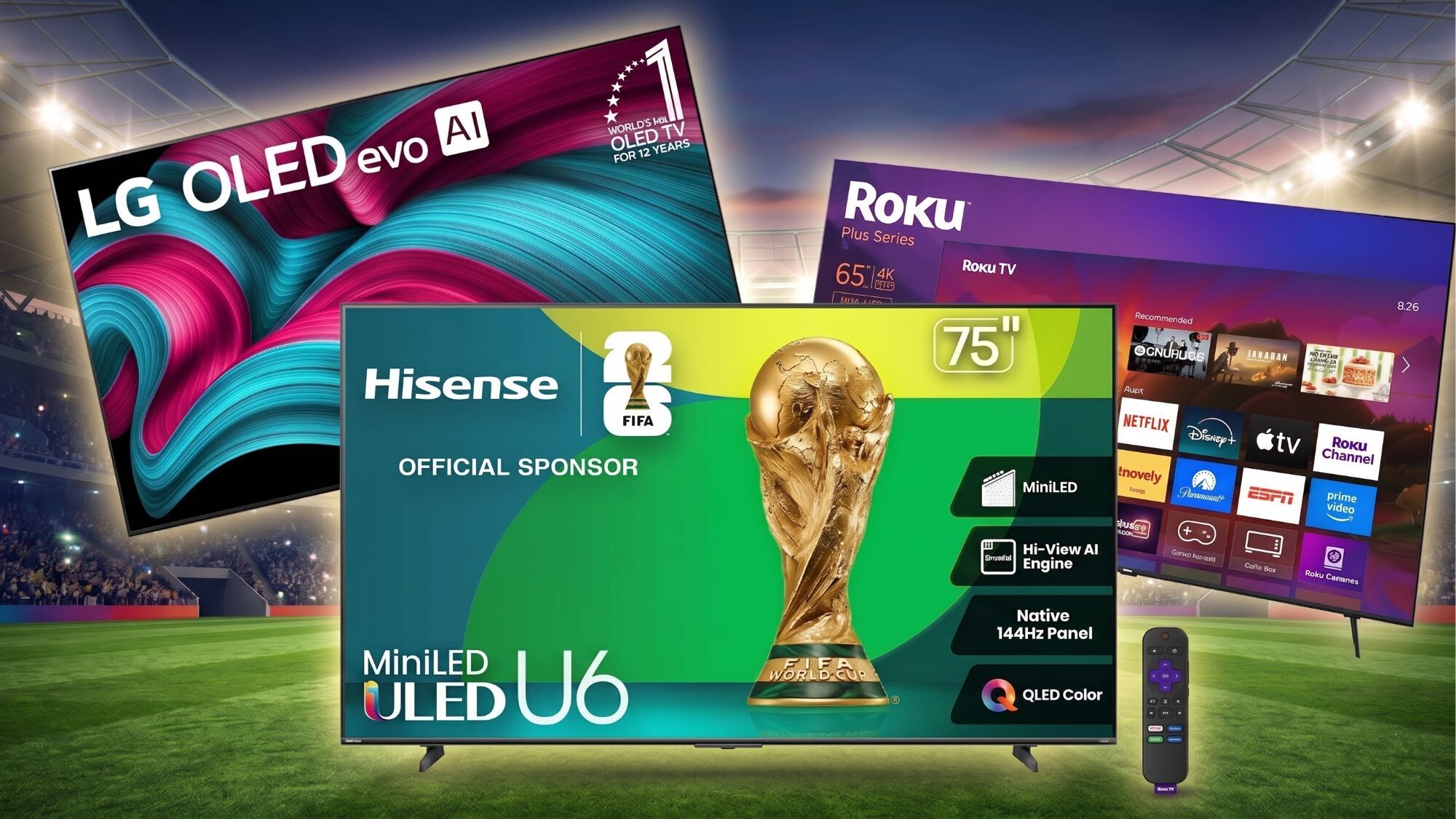 טלוויזיית LG, Hisense ו-Roku המוצגת מעל מגרש כדורגל.