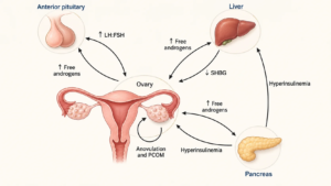 PCOS/PMOS pathophysiology. PCOS/PMOS is a complicated syndrome, involving multiple feedback loops in the anterior pituitary, liver, pancreas, and ovary, ultimately contributing to a hyperandrogenic state. In the pituitary, LH is released in higher quantities than FSH, simulating theca cells of the ovary to increase production of androgens. The androgens, in turn, stimulate the pituitary to release LH and FSH. The increased androgen also acts on the liver, decreasing SHBG and increasing circulating free androgens. Finally, at the level of the pancreas, androgens lead to hyperinsulinemia, which, in turn, decreases SHBG. Insulin also acts on theca cells to promote androgen release. All of these factors lead to HA, which leads to anovulation and PCOM in the ovary. LH, luteinizing hormone; FSH, follicle-stimulating hormone; SHBG, sex hormone–binding globulin. AI-assisted redrawing based on Figure 1 from Chan JL, Masini I, and Pisarska MD, “Polyendocrine metabolic ovarian syndrome (PMOS)/polycystic ovary syndrome (PCOS): current and future trends,” Journal of Clinical Investigation, 2026;136(12). https://www.jci.org/articles/view/202824. Original article published under the Creative Commons Attribution 4.0 International License.