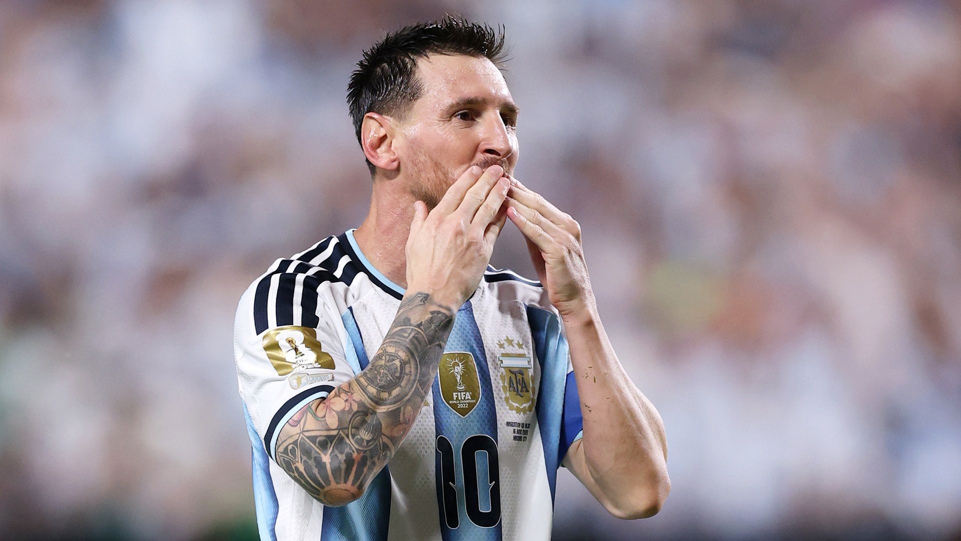 Lionel Messi of Argentina celebrates scoring his team's third and hat trick goal during the FIFA World Cup 2026 Group J match between Argentina and Algeria at Kansas City Stadium.