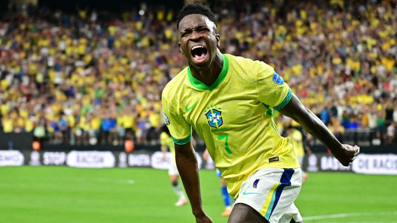 Vinicius Junior celebrates after scoring his team's first goal during the Conmebol 2024 Copa America match between Paraguay and Brazil