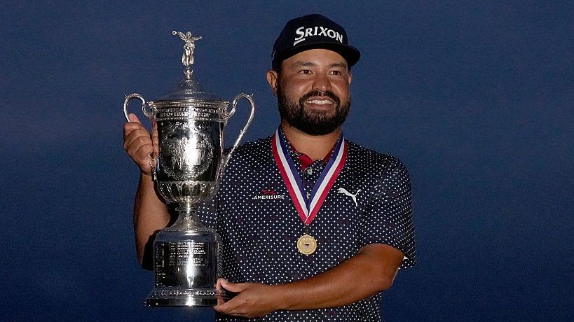 JJ Spaun victorious at the US Open is pictured with the trophy following the Final Round at Oakmont Country Club.