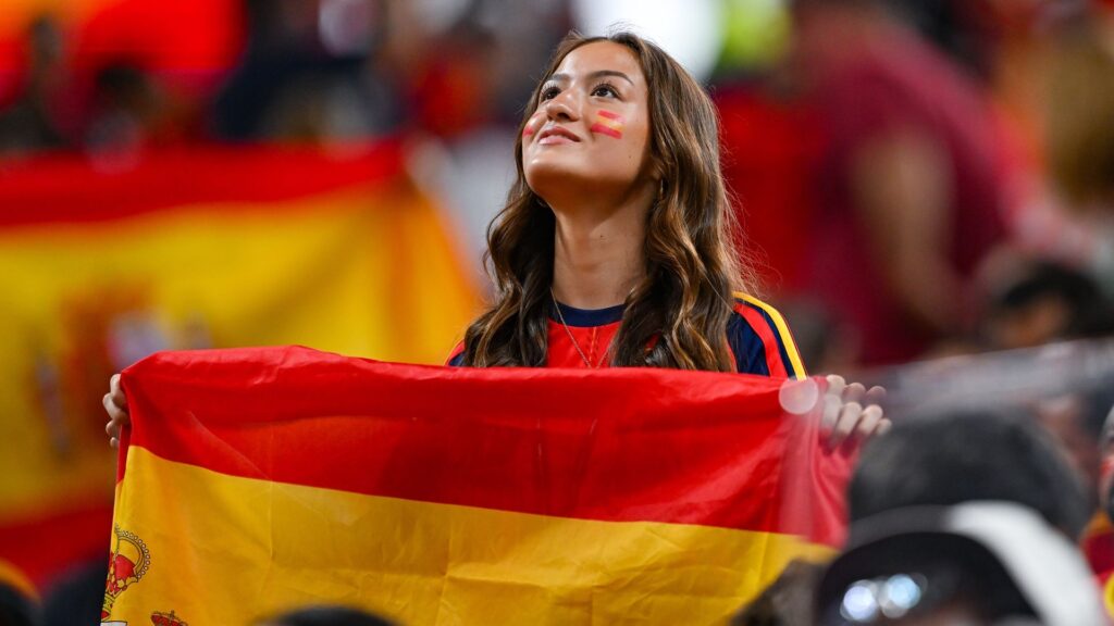 A Spain fan with a flag during a FIFA World Cup 2026 soccer match.