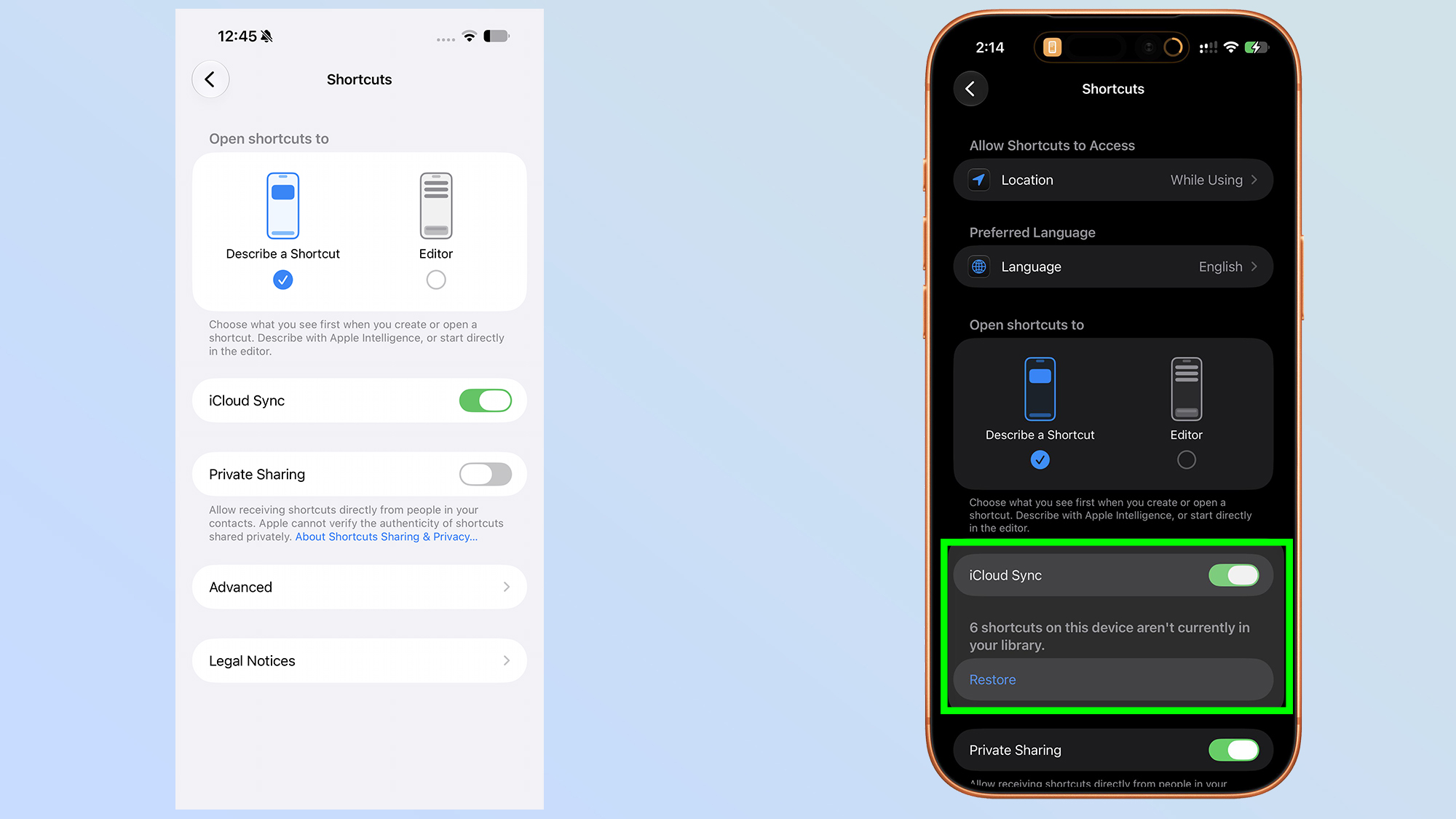 תכונת שחזור קיצורי iOS 27