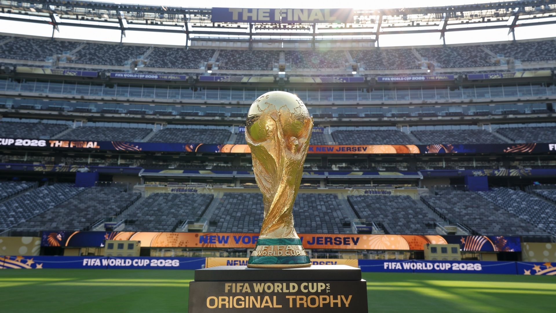 The World Cup Trophy on display at MetLife Stadium ahead of the World Cup 2026 final