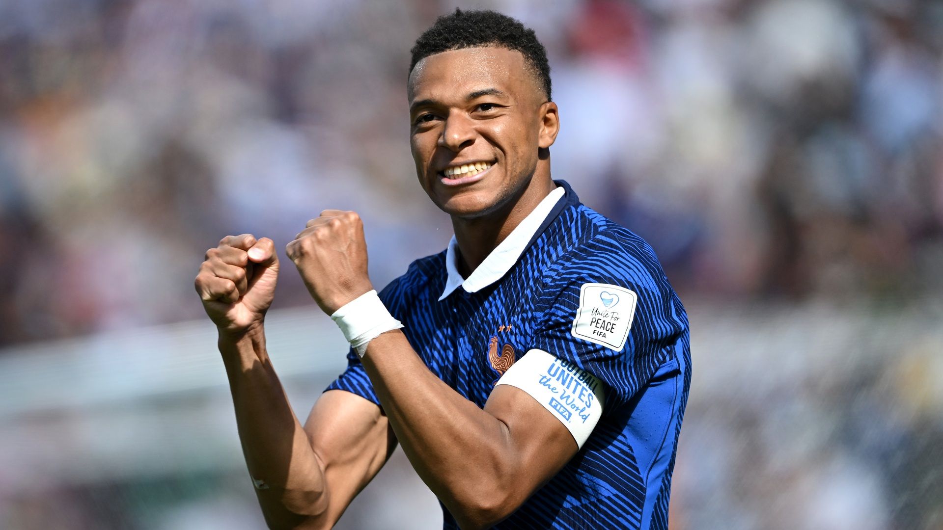 EAST RUTHERFORD, NEW JERSEY - JUNE 16: Kylian Mbappe #10 of France celebrates scoring his team's first goal during the FIFA World Cup 2026 Group I match between France and Senegal at New York New Jersey Stadium on June 16, 2026 in East Rutherford, New Jersey. (Photo by Shaun Botterill - FIFA/FIFA via Getty Images)