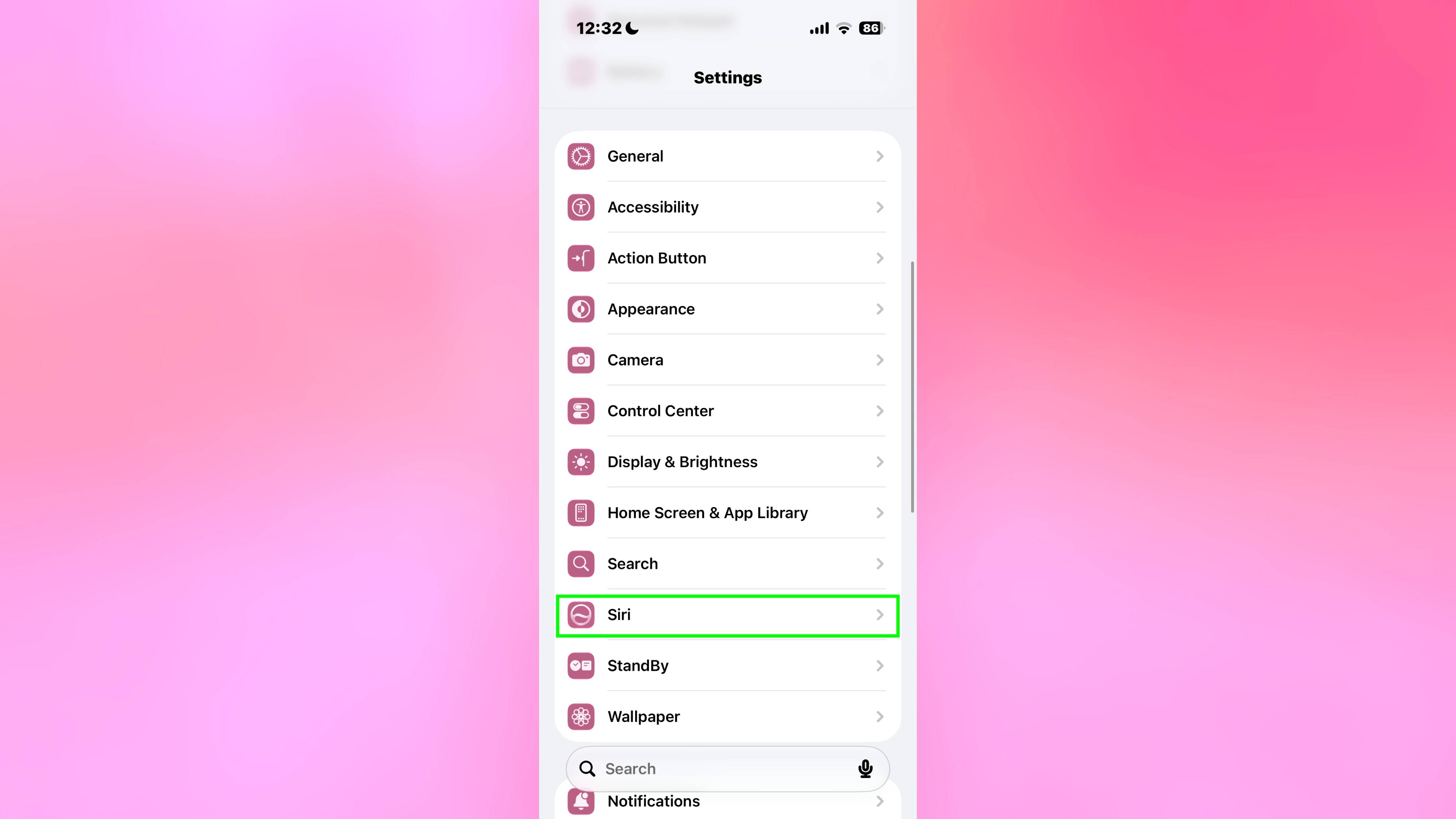 Siri מודגשת בהגדרות האייפון