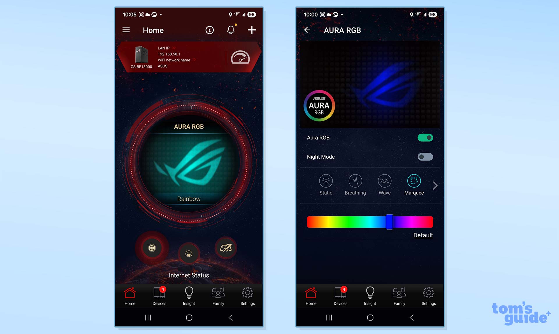 צילומי מסך של אפליקציית נתב המשחקים של Asus ROG Strix GS-BE18000