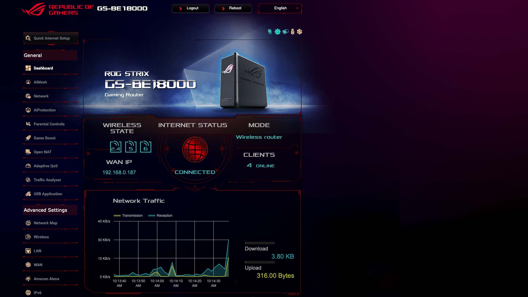 Asus ROG Strix GS-BE18000 דף הבית של דפדפן נתב משחקים