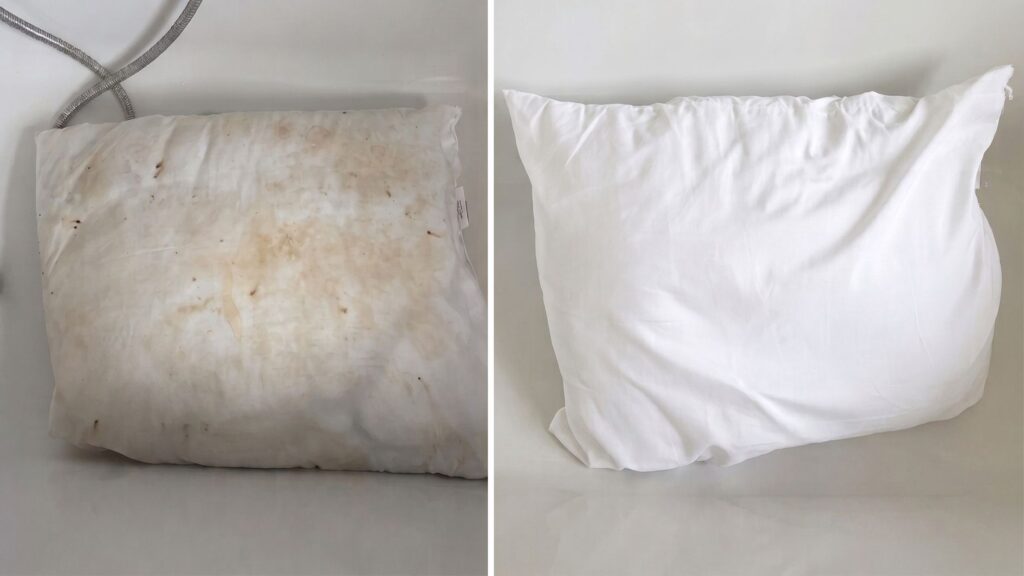 A split screen image showing a yellowed pillow on the left and the same pillow restored to bright white on the right following a pre-wash stain removal treatment