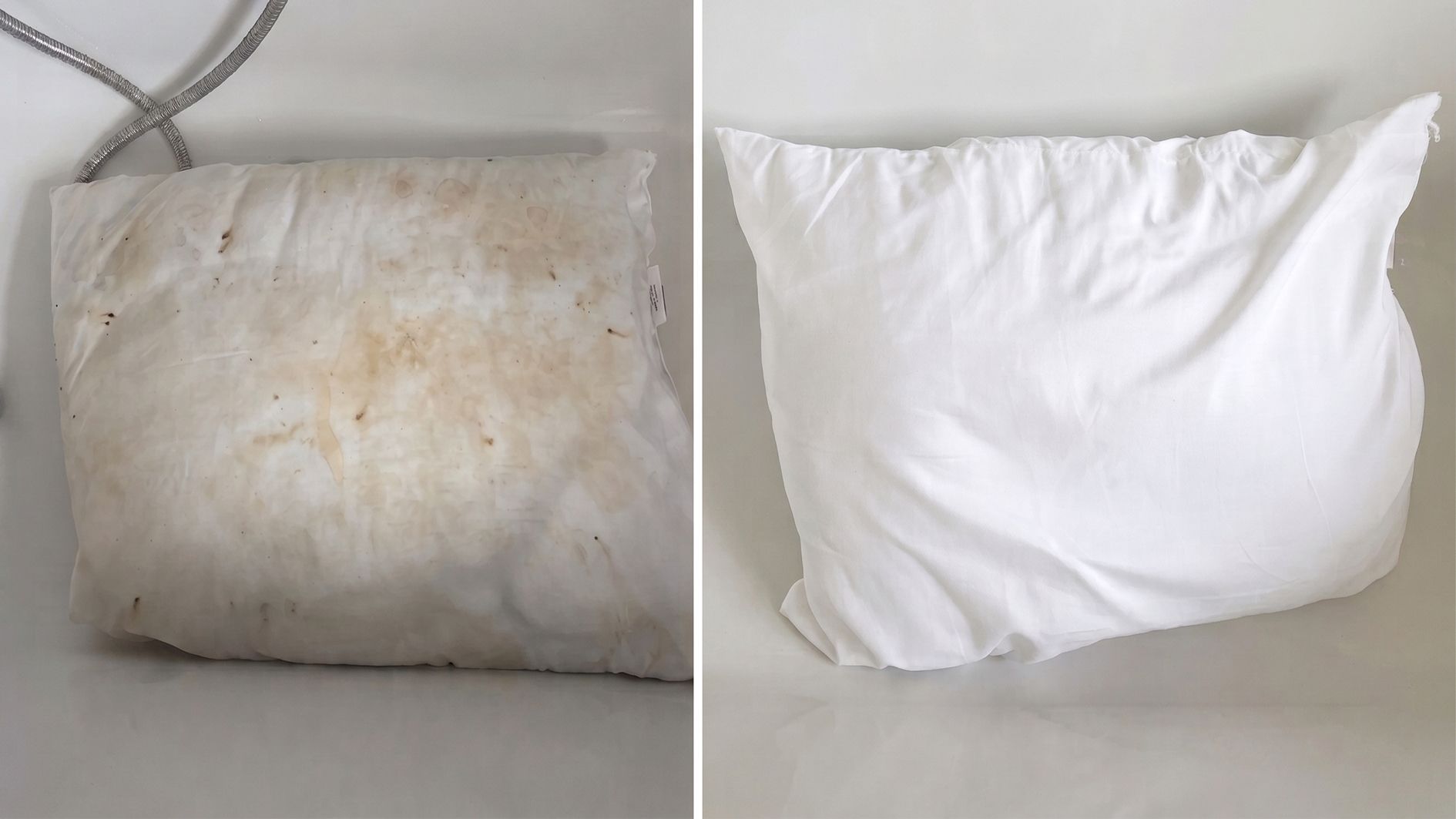 A split screen image showing a yellowed pillow on the left and the same pillow restored to bright white on the right following a pre-wash stain removal treatment