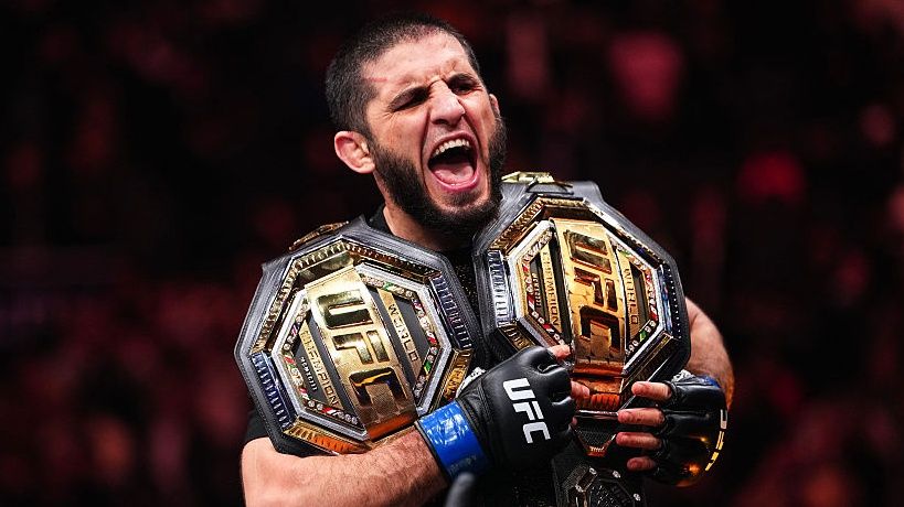 Islam Makhachev of Russia reacts to his win over Jack Della Maddalena of Australia in the UFC welterweight championship fight during the UFC 322 event at Madison Square Garden.