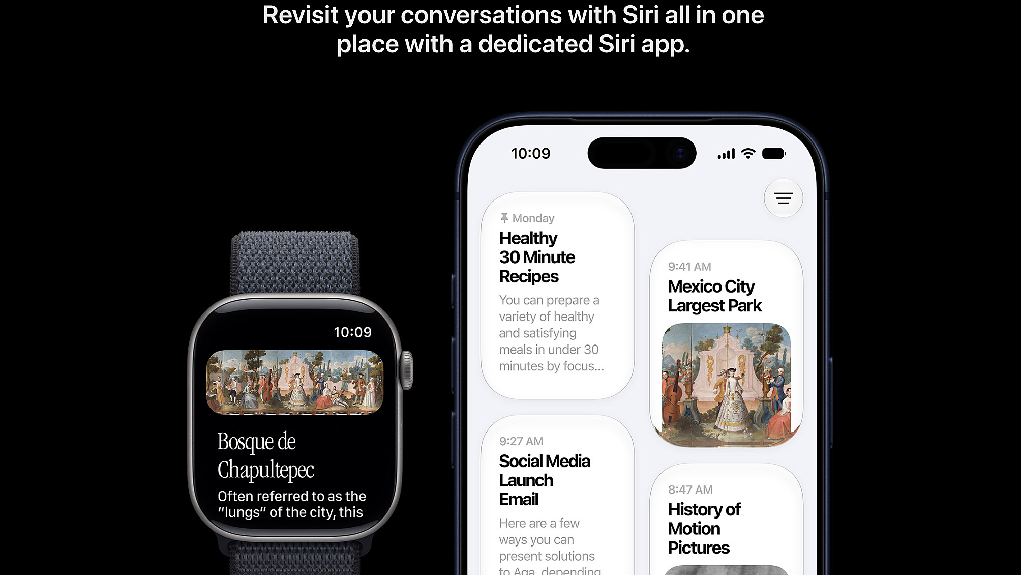 תקריב של אייפון ו-Apple Watch המציג שיחת AI מתמשכת של Siri