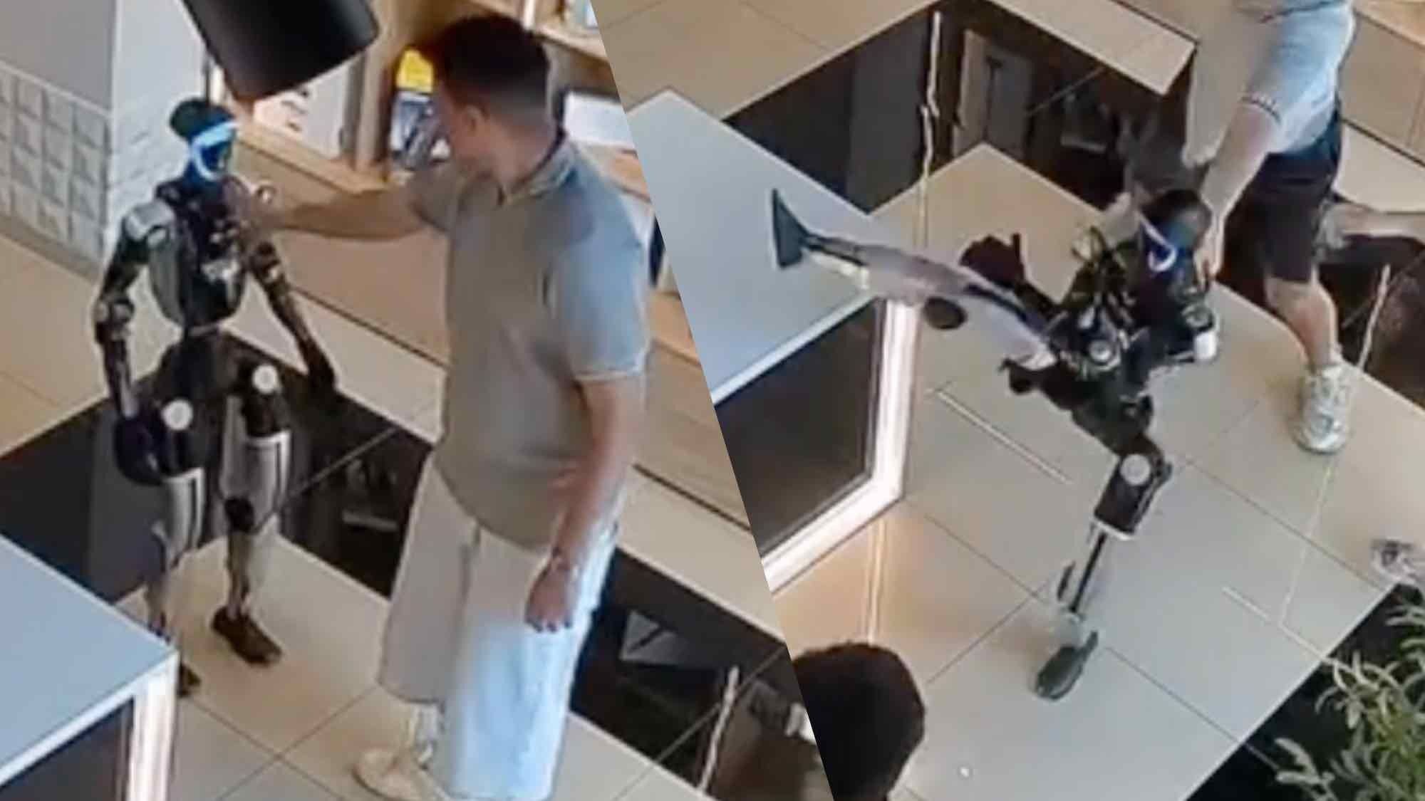 רובוט דמוי אדם נלחם בחזרה לאחר שהאדם דוחף אותו בחנות - האם זו תחילת המרד?