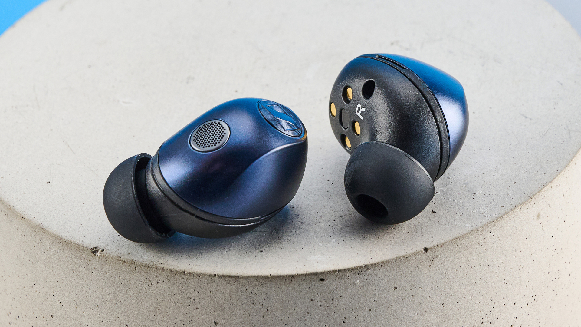 ה- Sennheiser momentum 5 אוזניות אלחוטיות אמיתיות בצבע כחול מצולמים עם רקע המדריך הכחול