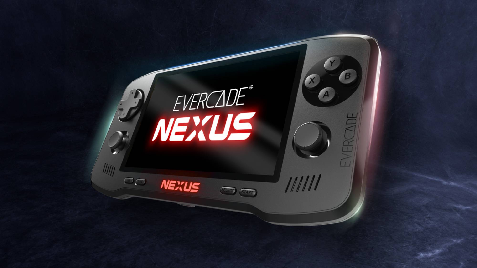 מכשיר כף יד של Evercade Nexus על רקע אפור