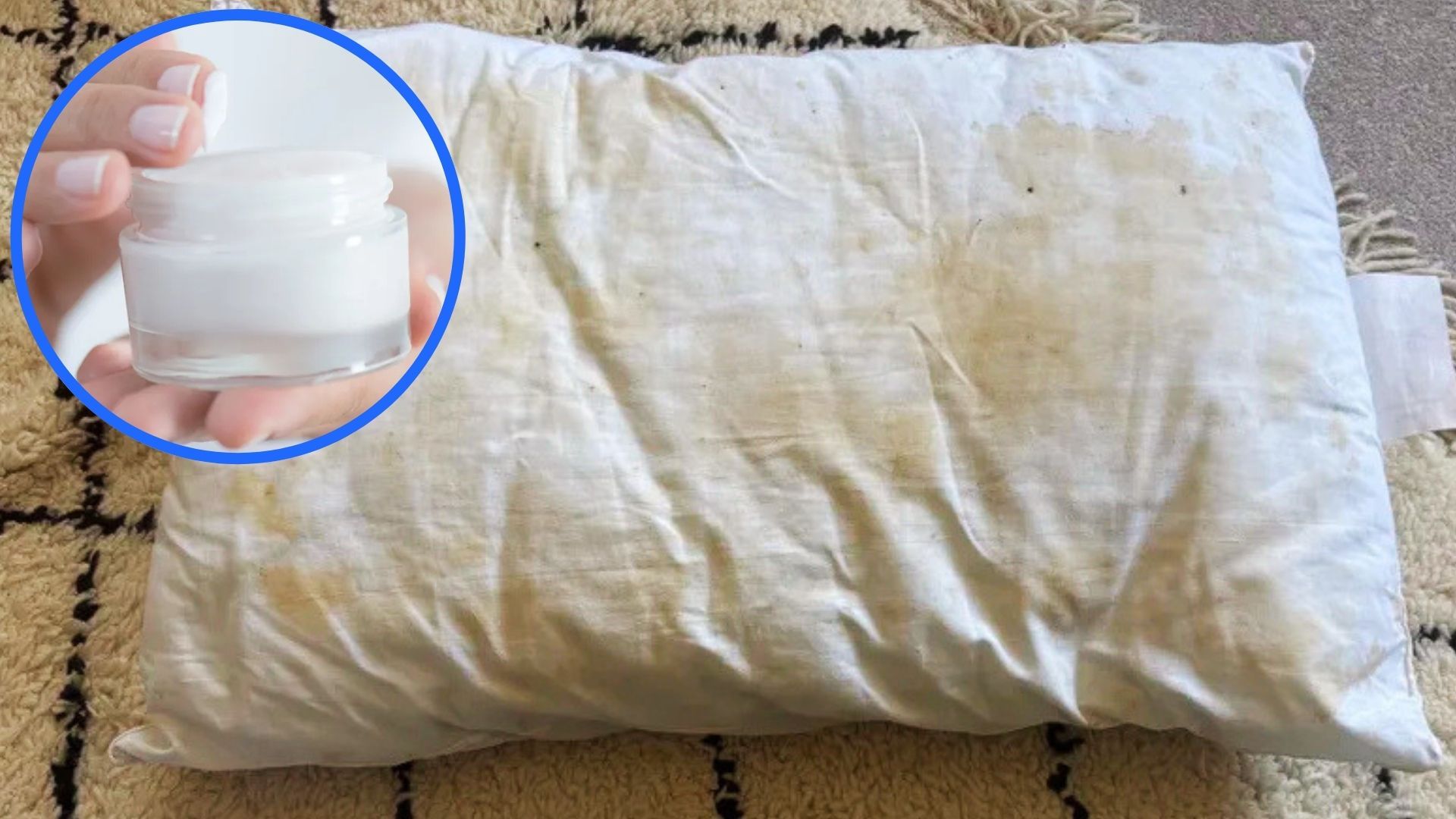 Yellow stains on pillow. In the top left foreground, there is a circular frame featuring a jar of face cream.