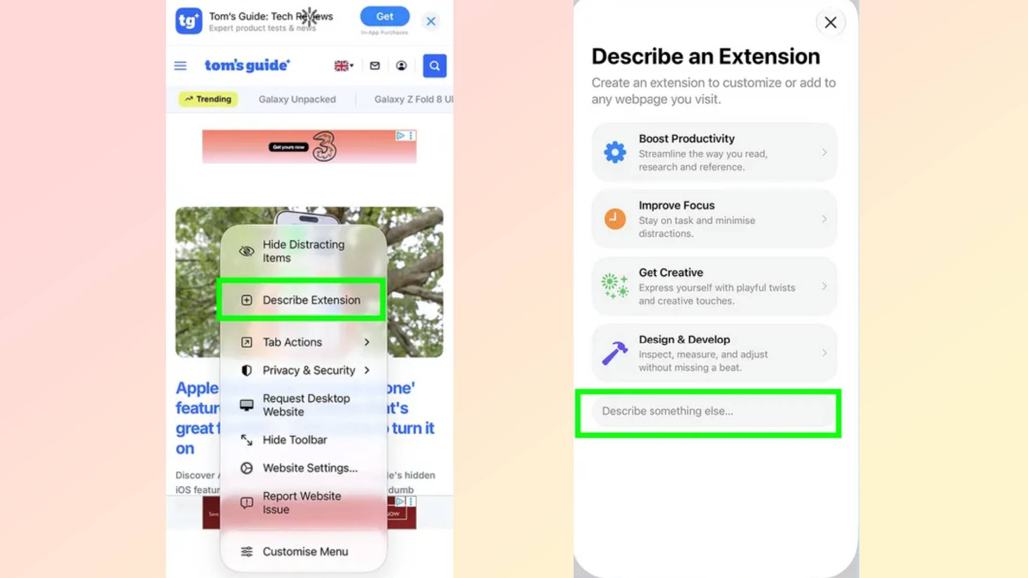 תאר הרחבה ב-Safari iOS 27