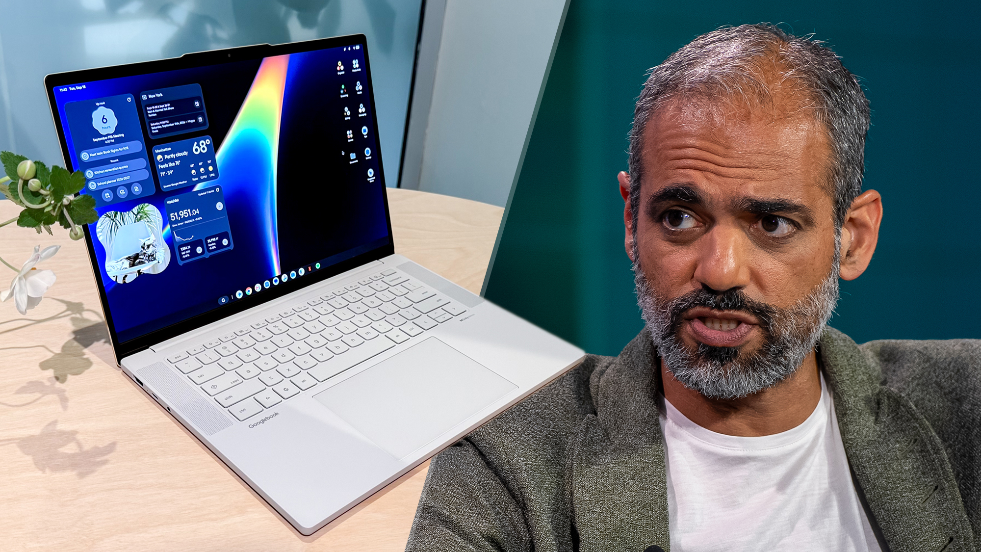 תמונה מפוצלת עם Googlebook של Lenovo ו-Sameer Samat, נשיא ה-Android Ecosystem בגוגל
