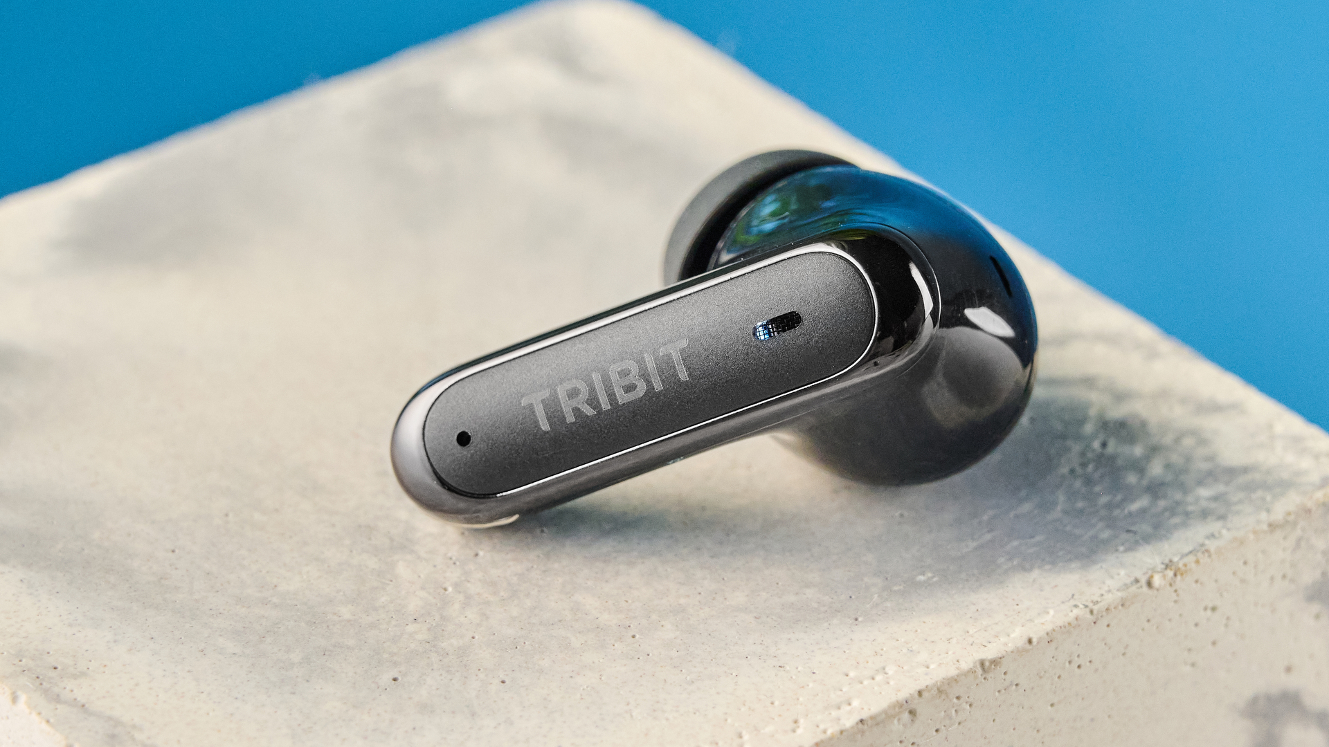Tribit FlyBuds C3 בצבע שחור מצולם על רקע כחול עם עלים