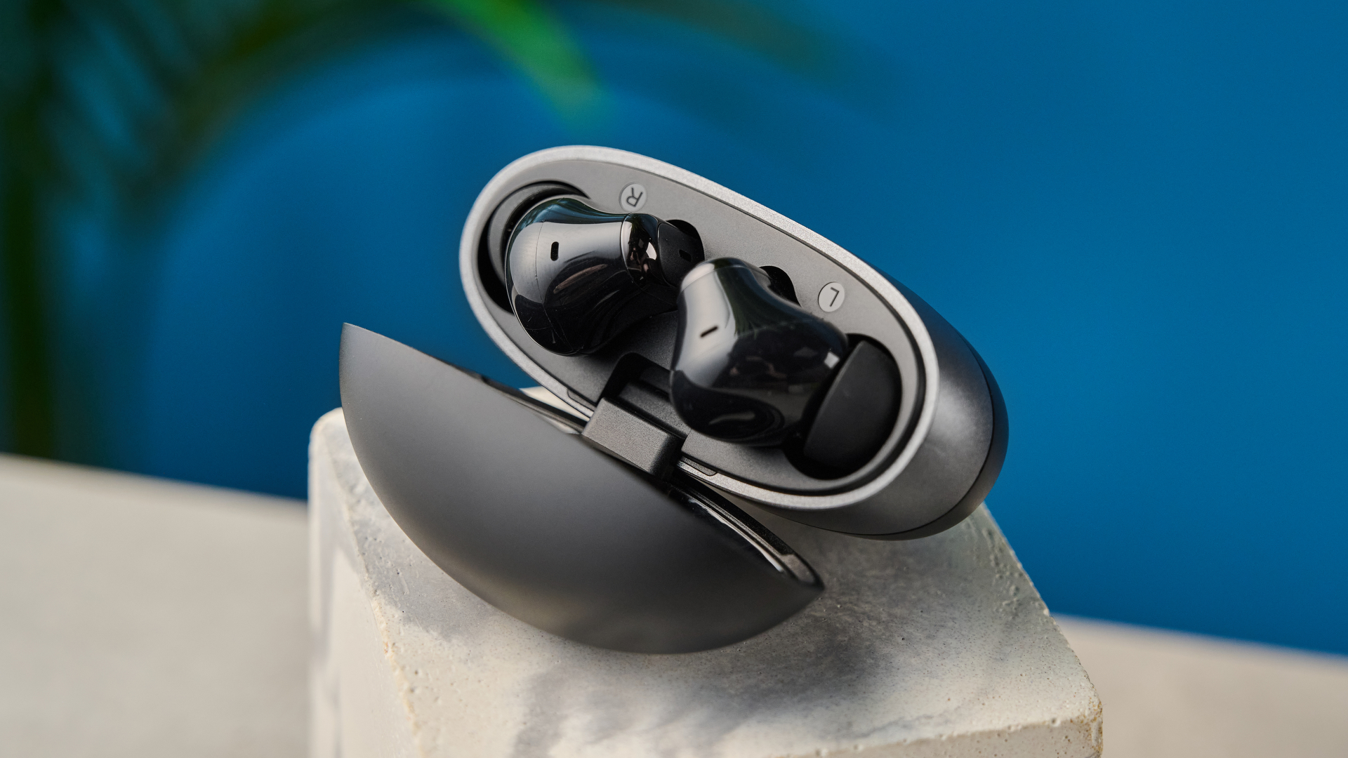 Tribit FlyBuds C3 בצבע שחור מצולם על רקע כחול עם עלים