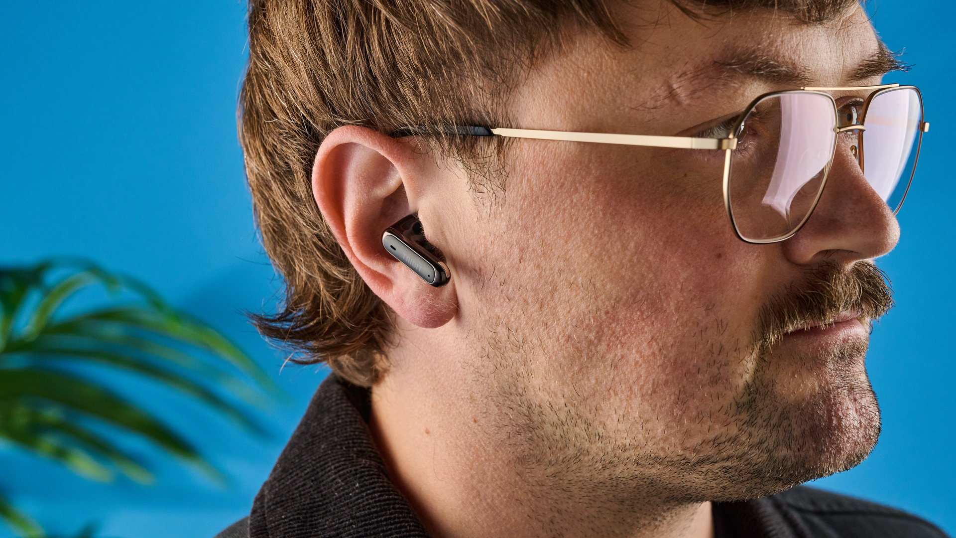 Tribit FlyBuds C3 בצבע שחור מצולם על רקע כחול עם עלים