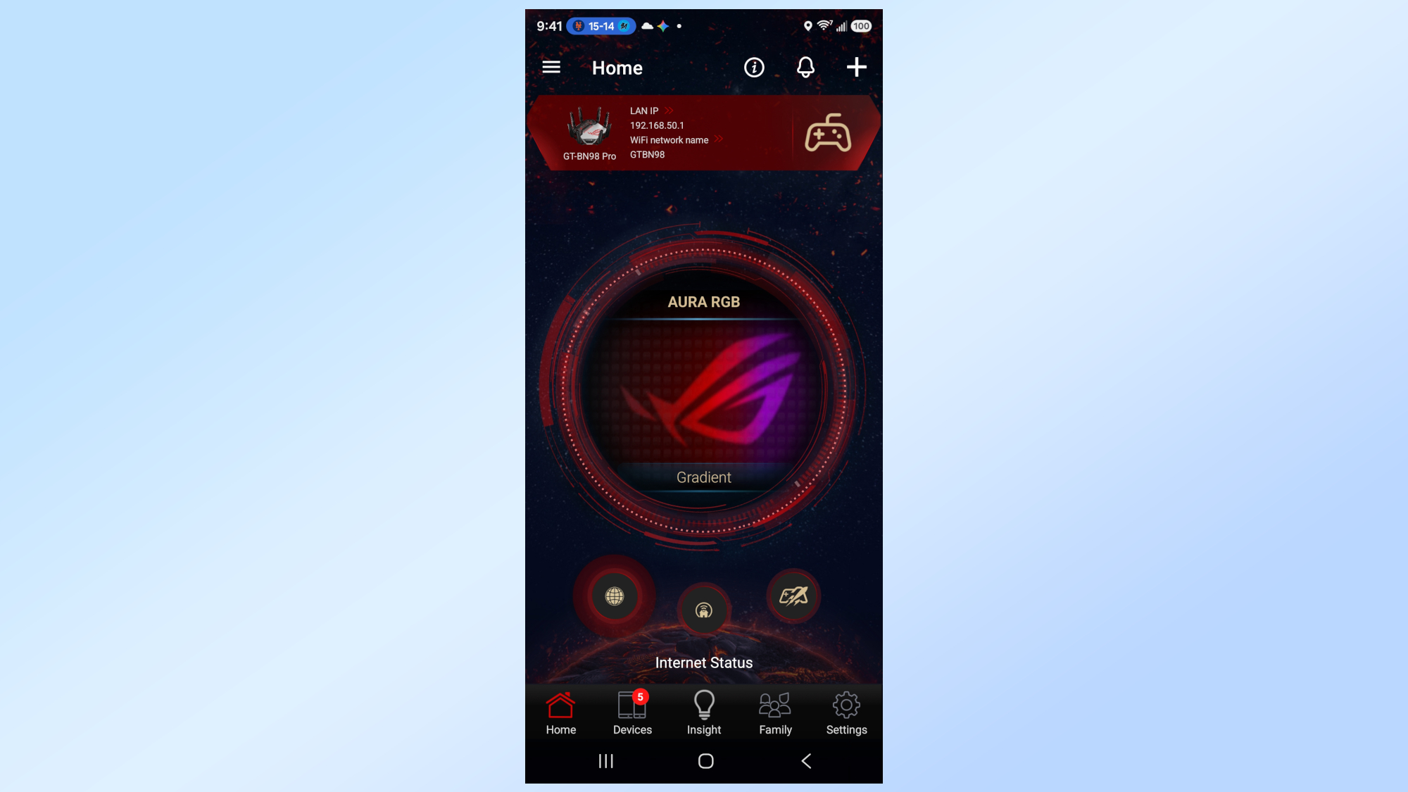 מסך הבית של Asus ROG Rapture GT-BN98 Pro ב-Asus' אפליקציית אנדרואיד