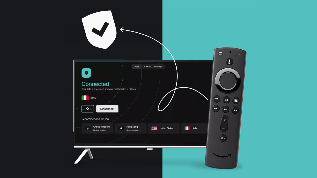 בקר Fire TV Stick ממוקם מול טלוויזיה שמראה את Surfshark VPN עובד עליו.