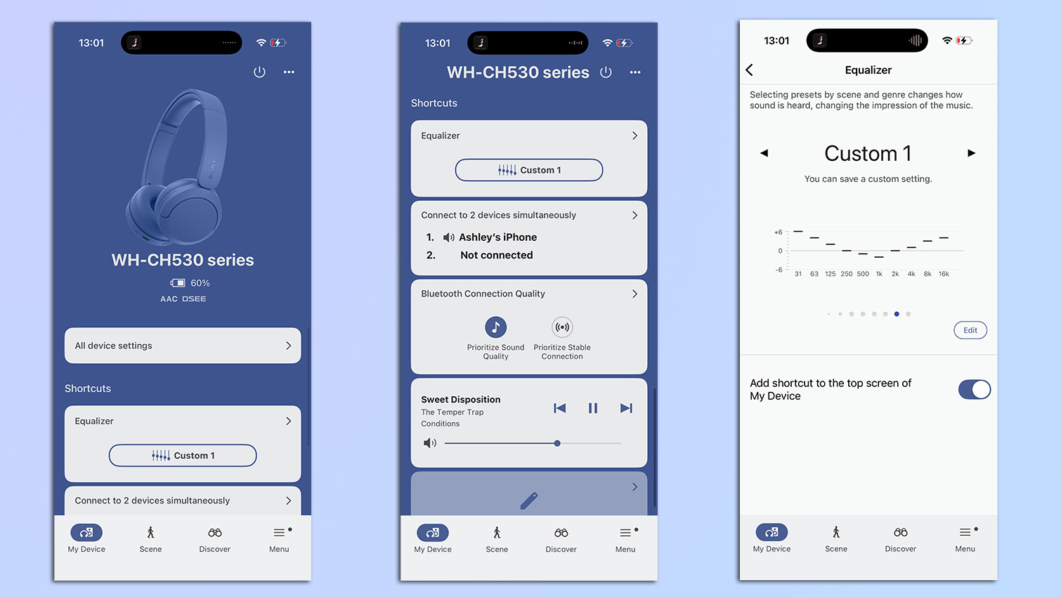 צילומי מסך של Sony WH-CH530 מאפליקציית Sony Sound Connect
