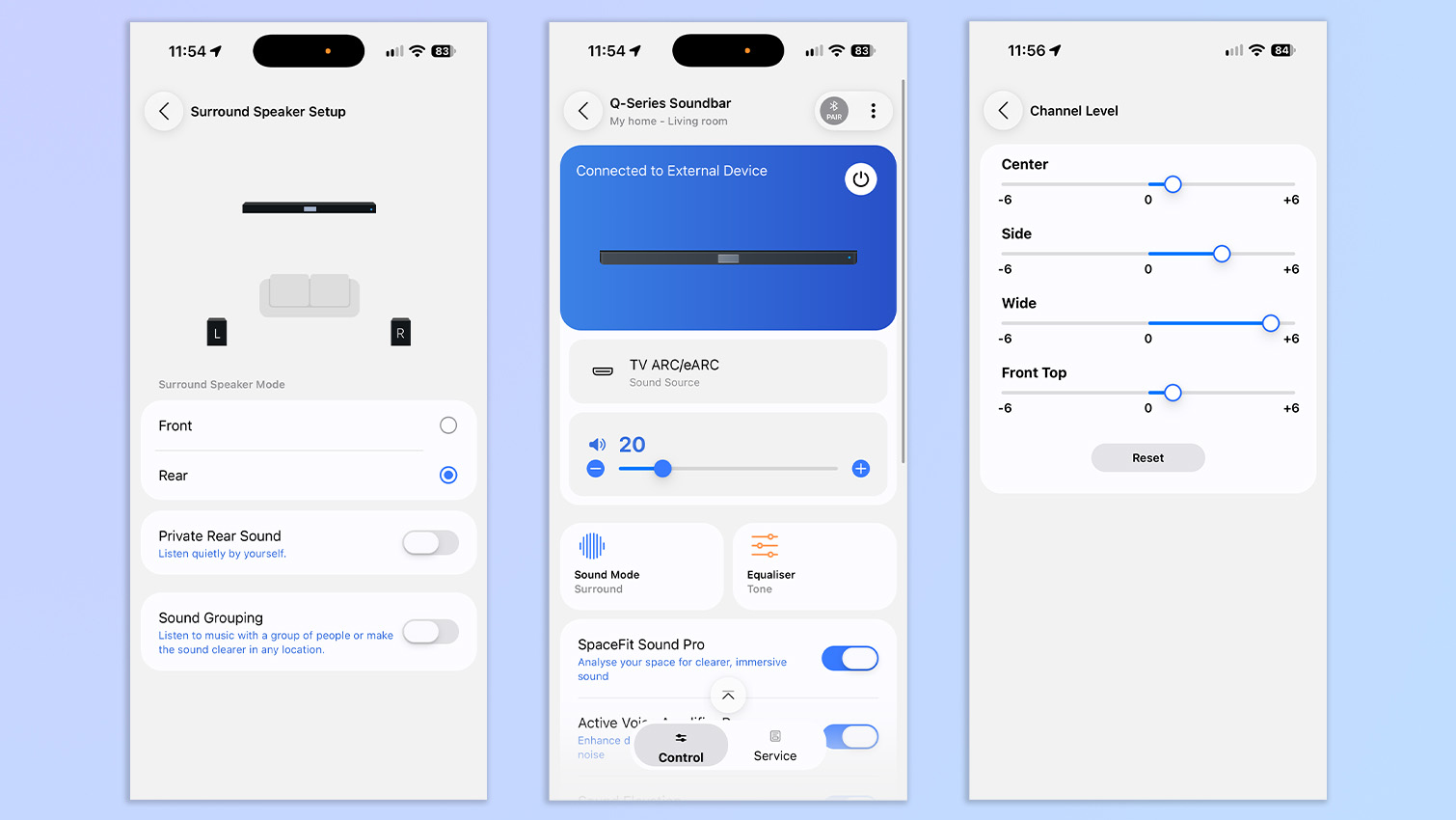 שלושה צילומי מסך מאפליקציית smartthings המציגים את spacefit sound pro, התאמת עוצמת הקול של הערוץ ומסך הבית