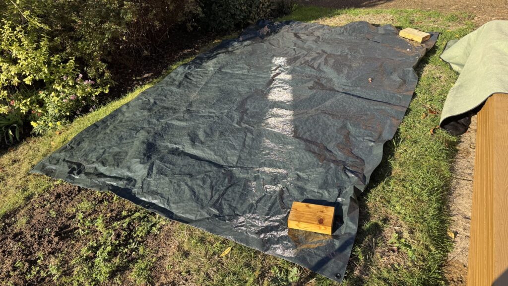 Laying out a tarp on a lawn