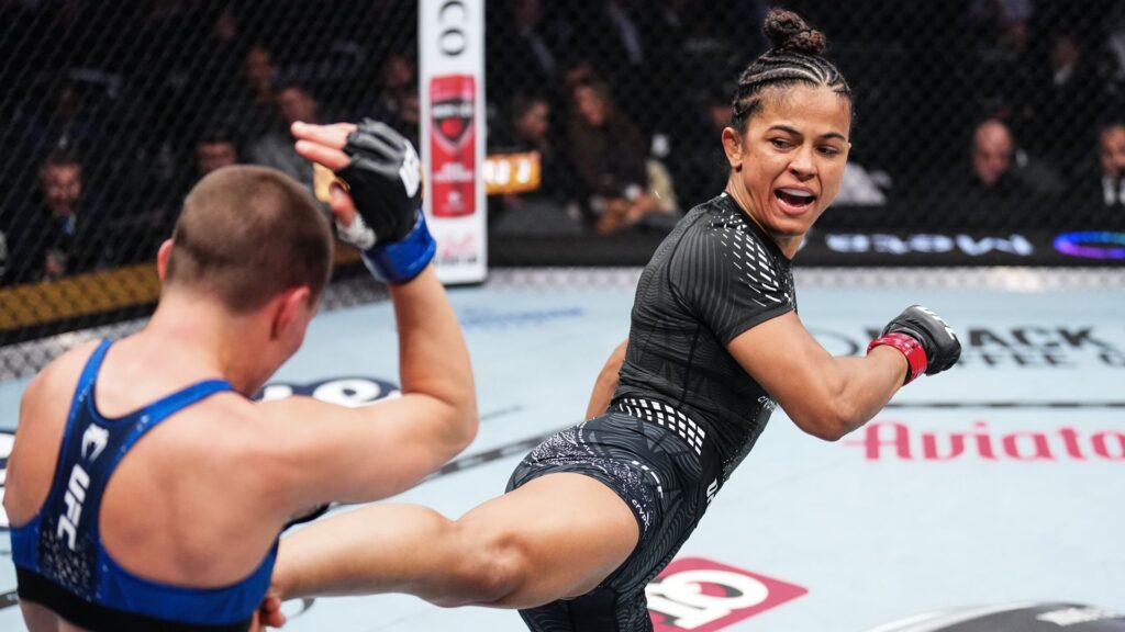 Natalia Silva of Brazil kicking an opponent during a UFC event at the T-Mobile Arena in Las Vegas.