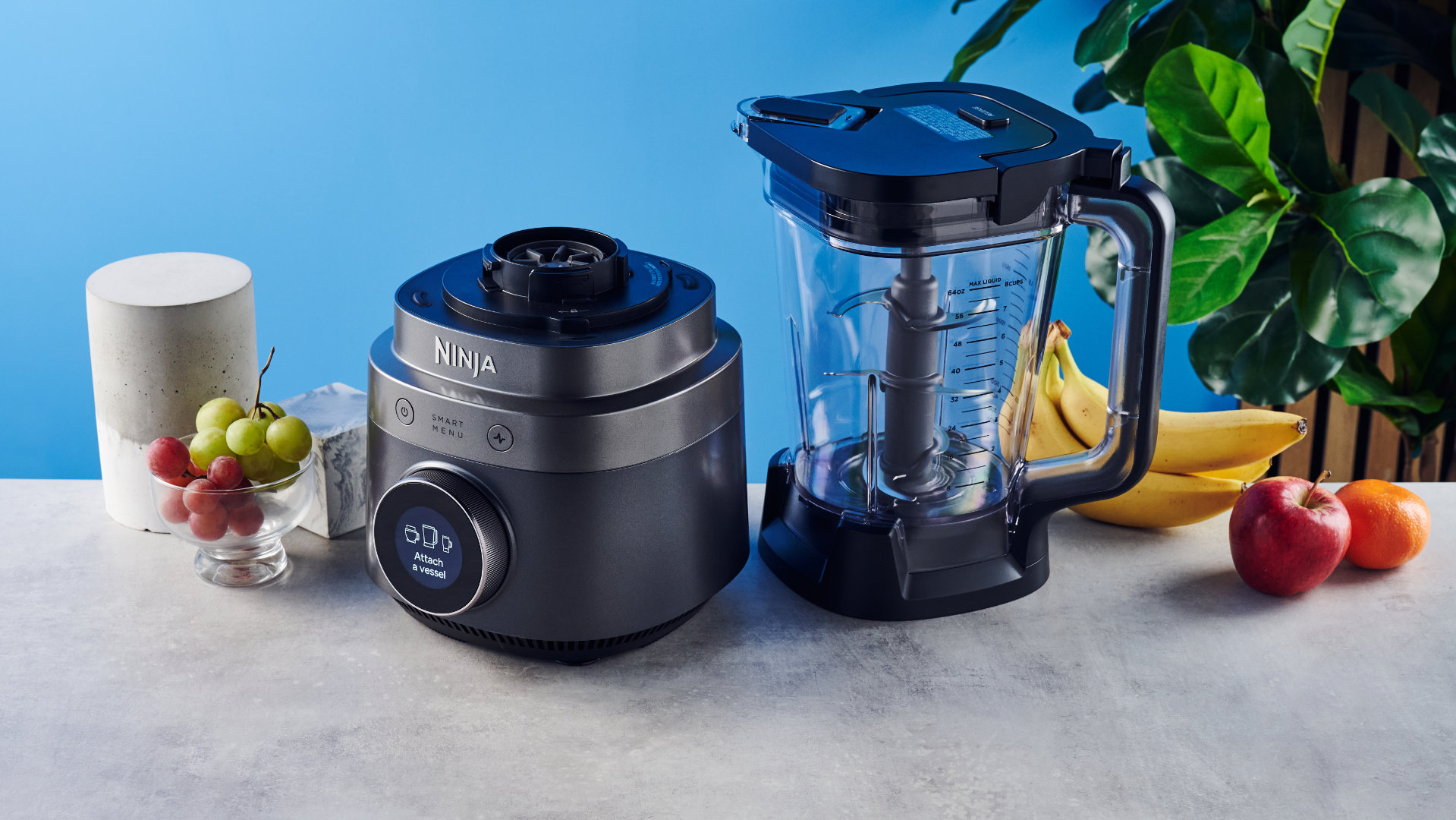 Ninja Crush Boss Blender בשחור מצולם מול רקע blee עם פירות.