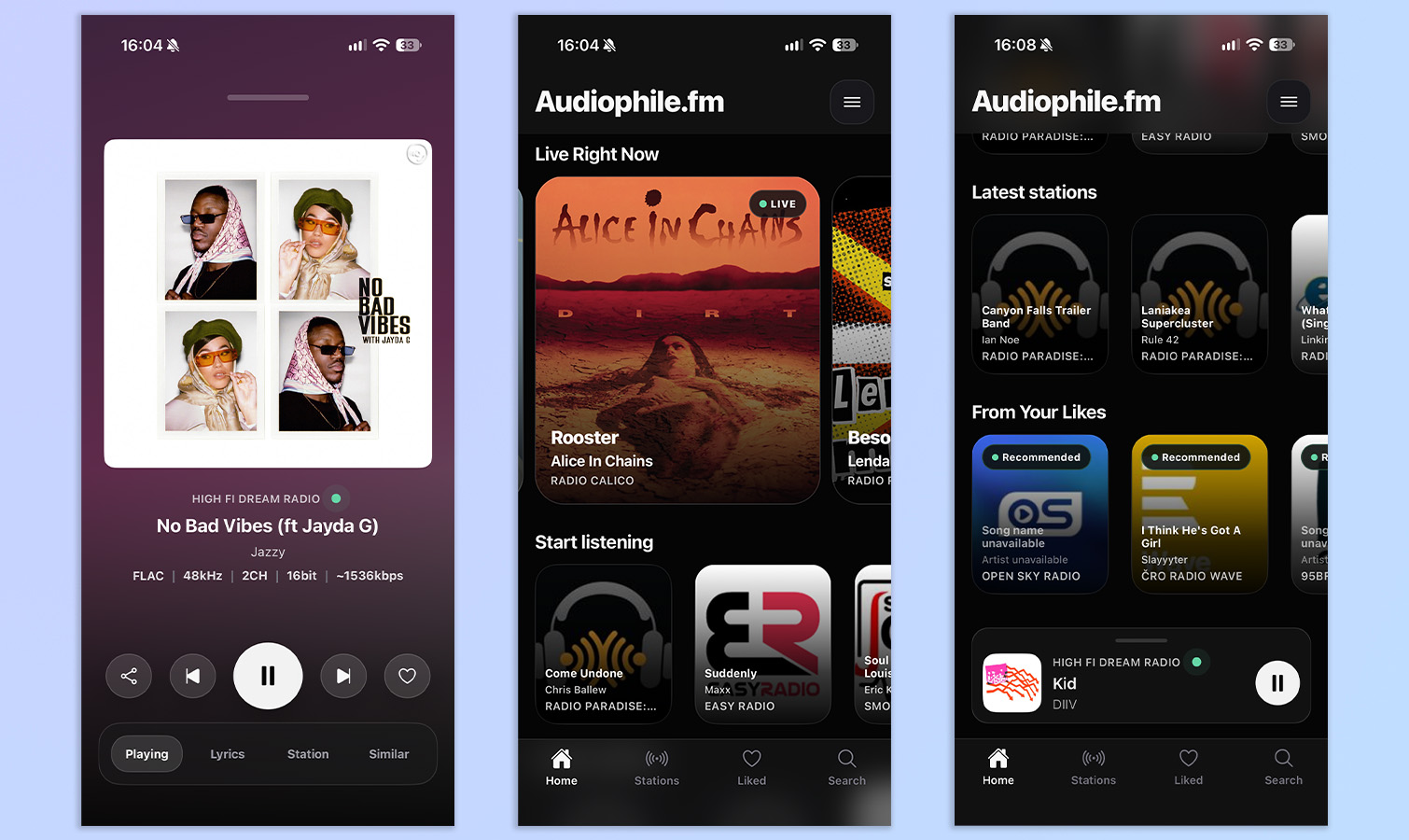 שלושה צילומי מסך מאפליקציית audiophile.fm המציגים תחנות רדיו וממשק משתמש