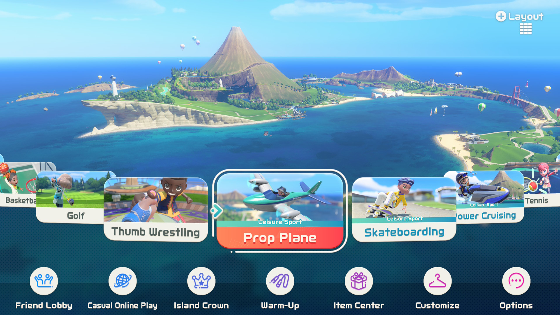 צילום מסך המציג את התפריט הראשי של Nintendo Switch Sports Resort