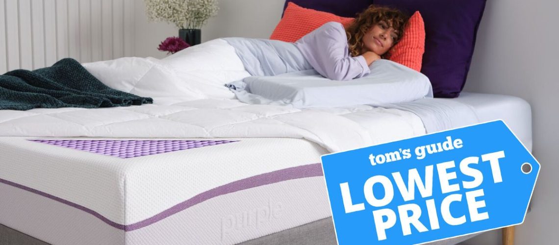Woman lying on a Purple mattress, with Lowest Price flag overlaid