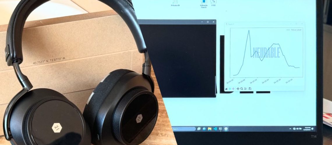 Master & Dynamic MW75 Neuro headphones next to Neurable brain wave scan