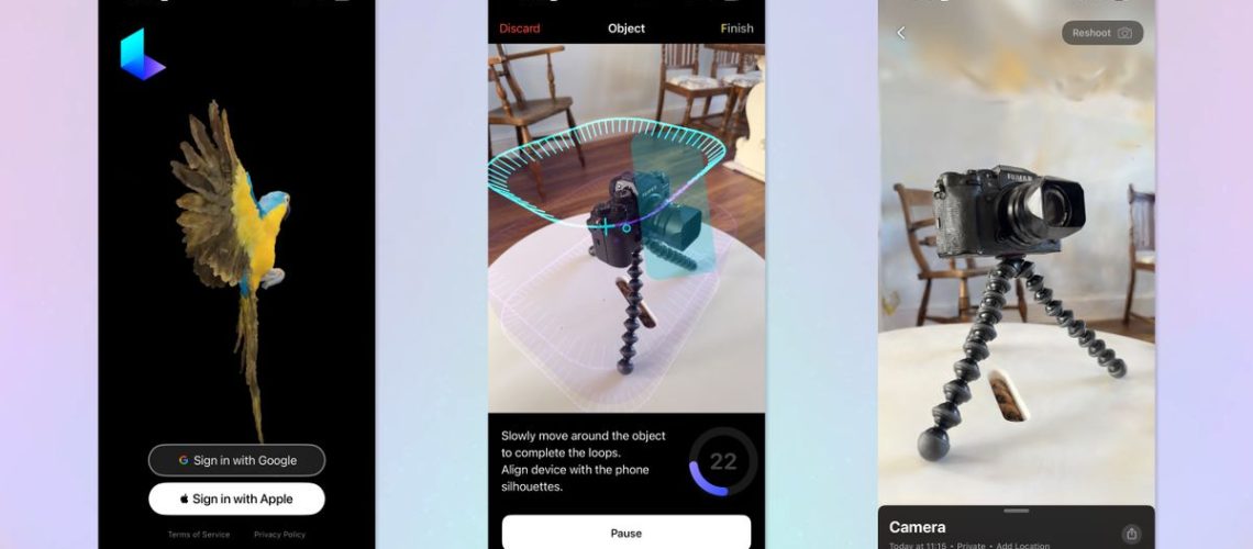 A screenshot of the Luma AI app being used to 3D capture a black Fujifilm camera