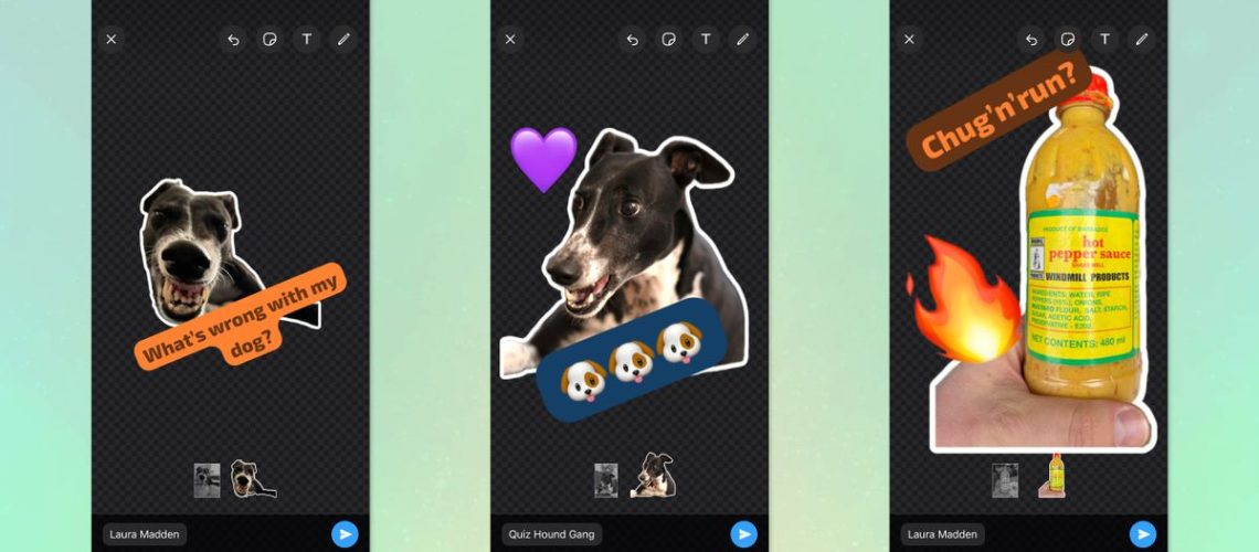 Three screenshots from the WhatsApp Sticker creator on iPhone