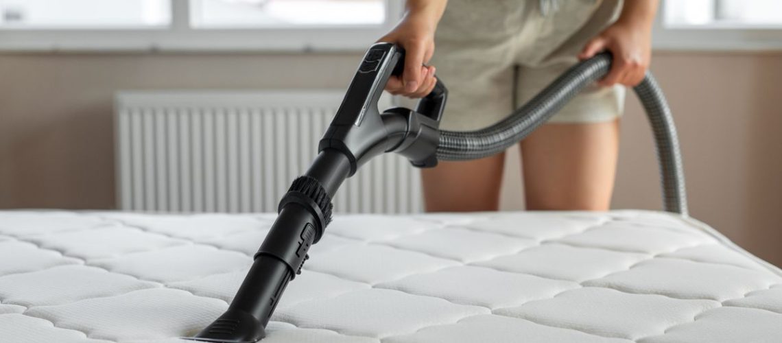 Woman wearing beige shorts vacuuming her white mattress to get rid of bed bugs