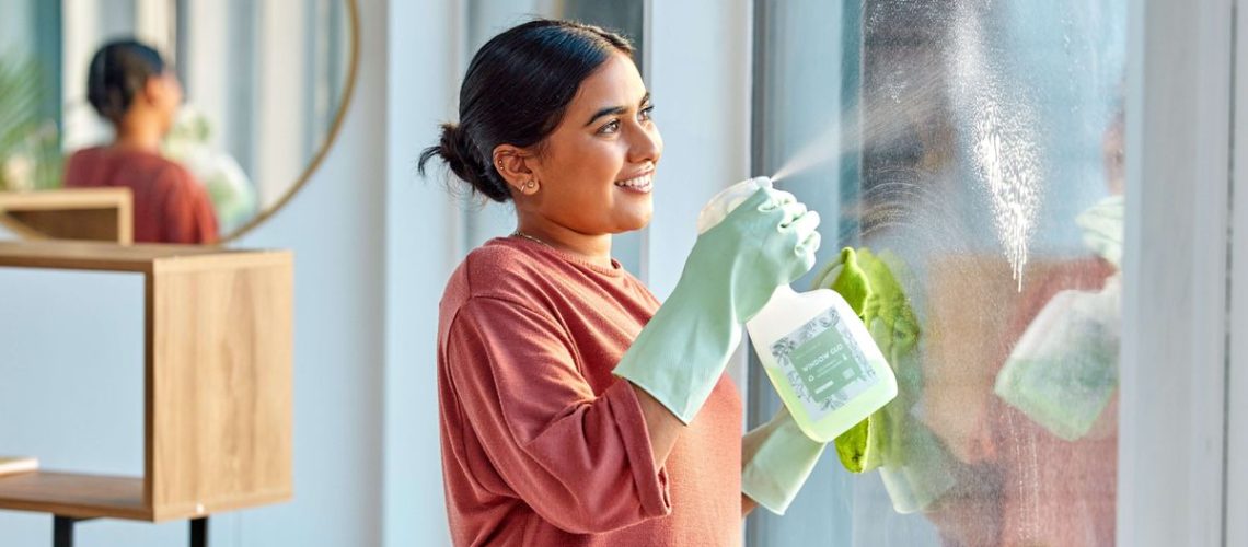 Woman cleaning inside windows